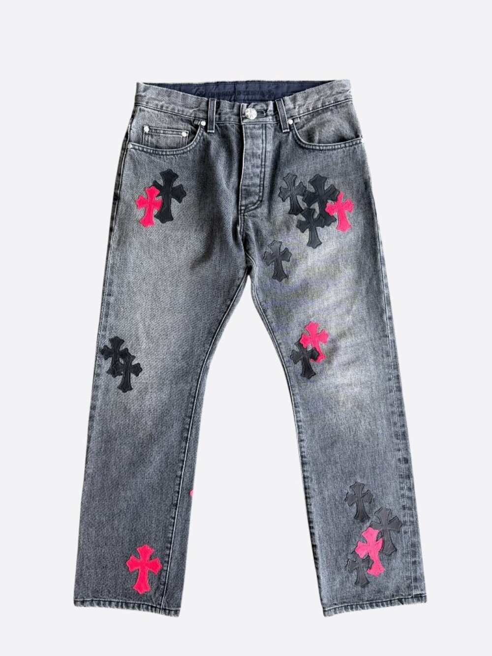 Chrome Hearts Grey, Black & Red Cross Patch Jeans